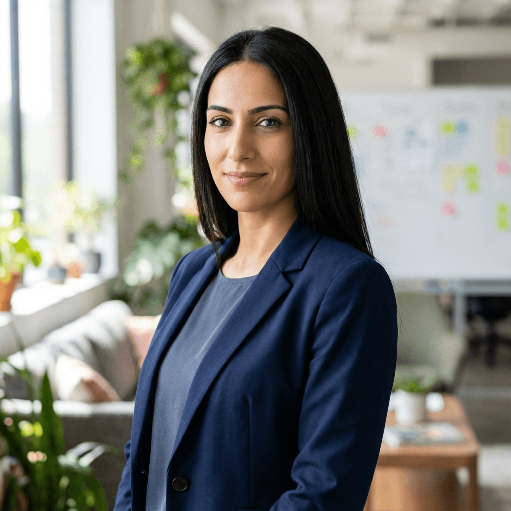 Female media buyer in smart casual attire with a confident smile
