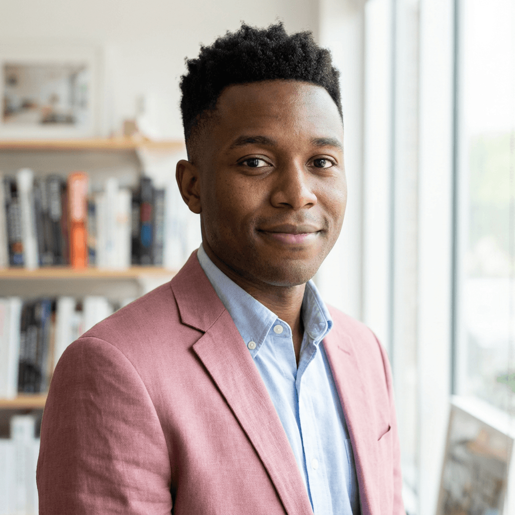 Male marketing strategist in business casual attire with a focused expression