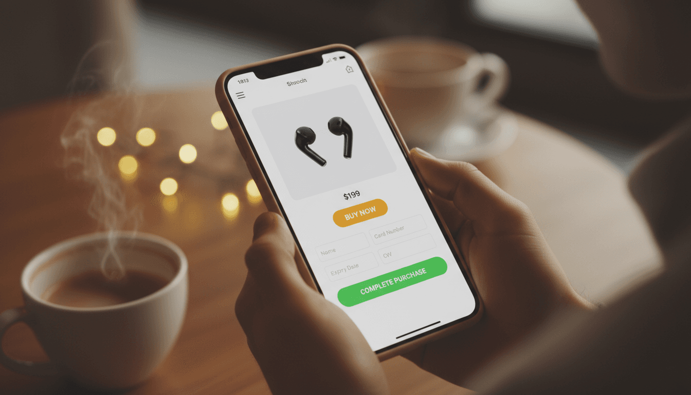Customer viewing a product page and checkout form on a smartphone in a café
