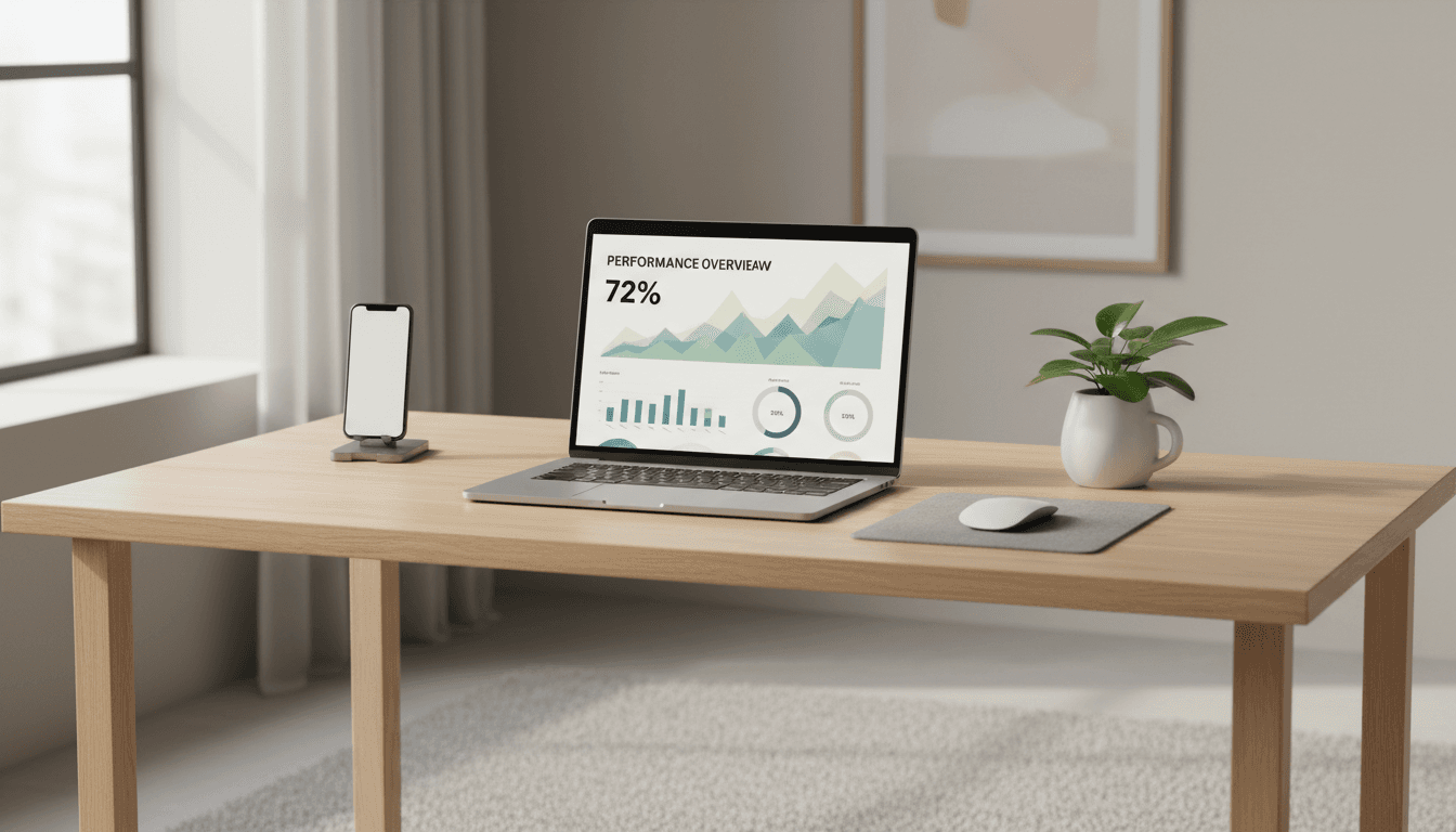 Modern office desk with laptop and analytics dashboard