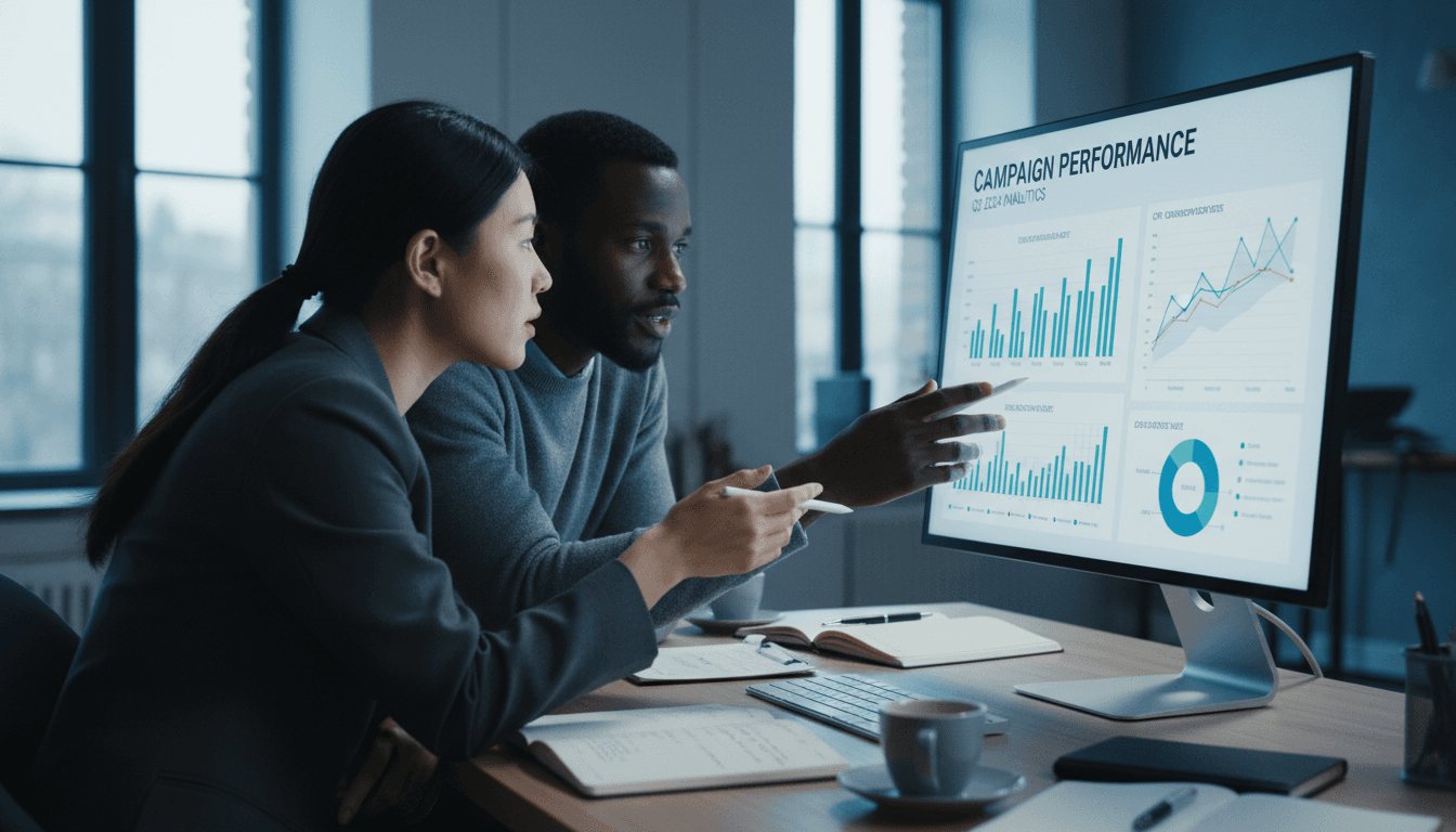 Two marketing professionals reviewing campaign analytics on a monitor in a modern office.