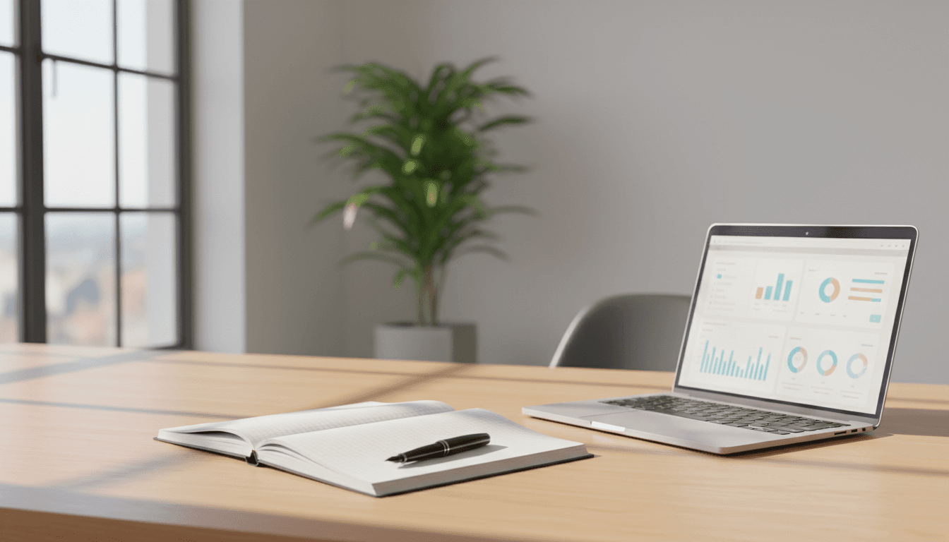 Minimal desk scene with a laptop showing blurred analytics dashboards and a notebook