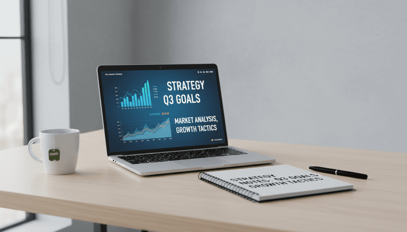 Desk with laptop showing analytics charts and a notebook with strategy notes