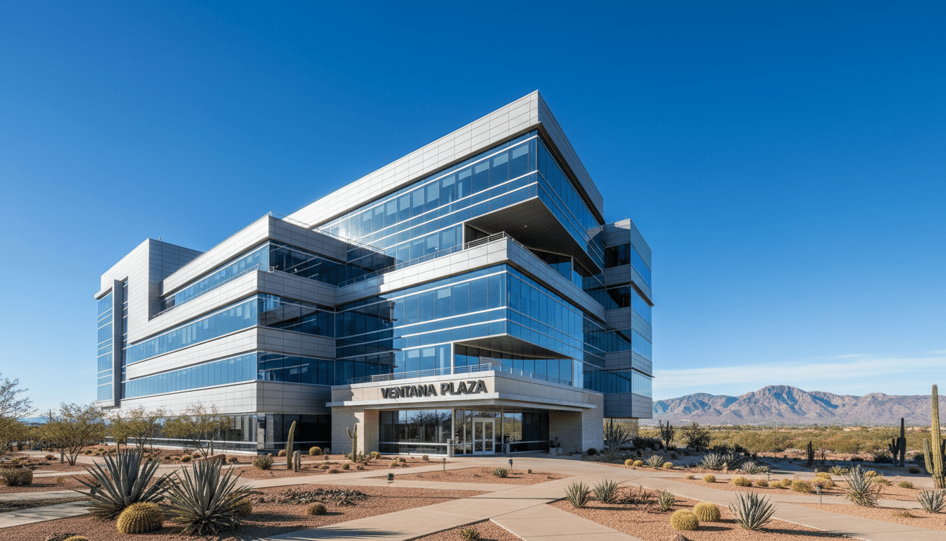 Modern office building in Albuquerque with desert landscape in the background