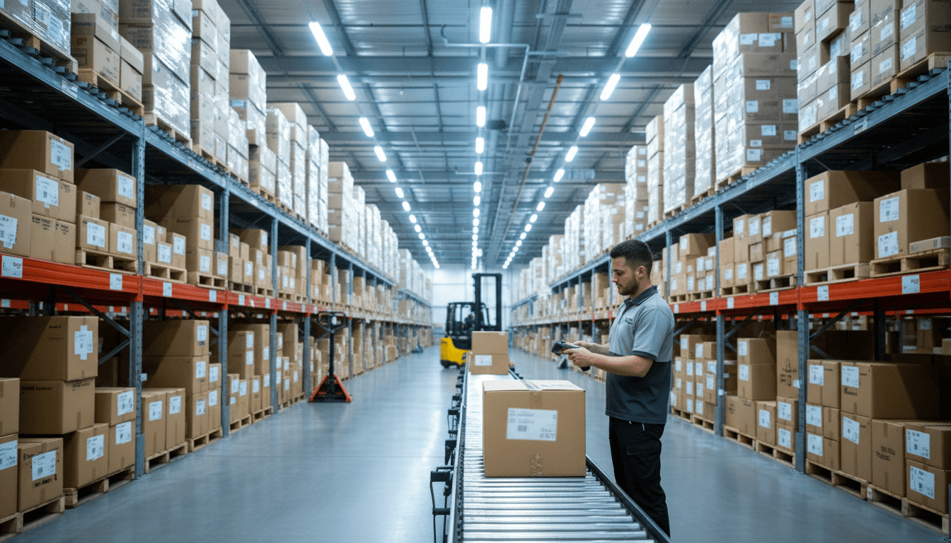 Worker scanning a package in an e-commerce warehouse with stacked boxes