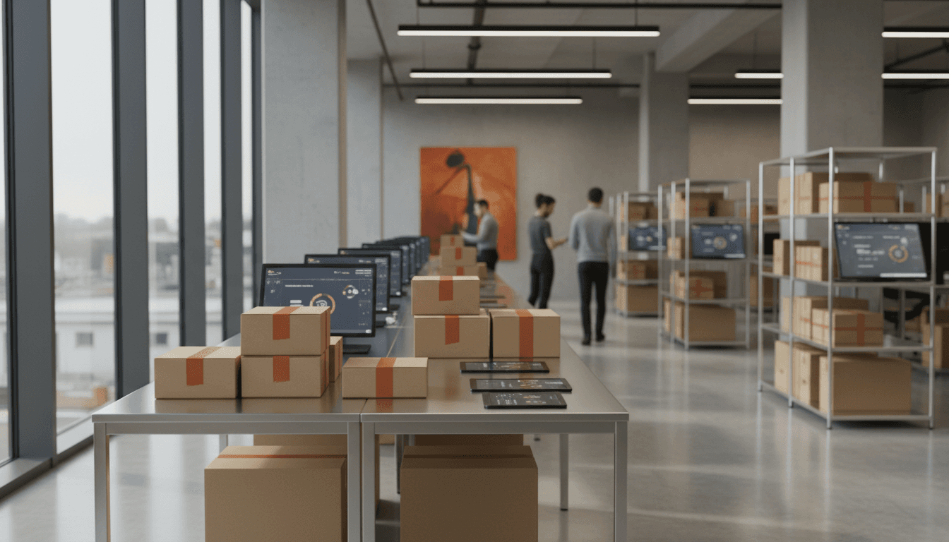 Parcel boxes and a digital tablet on a table in a bright, modern office
