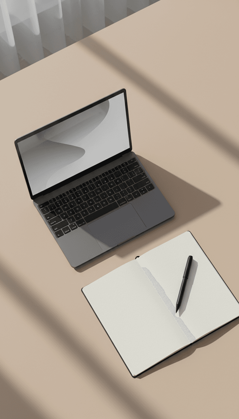 A laptop, notebook, and pen arranged on a minimalist desk