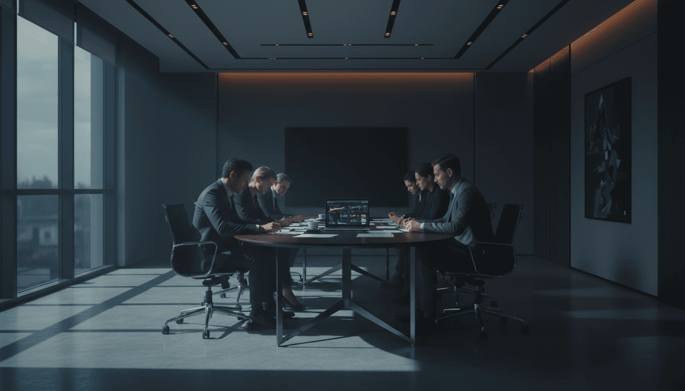 A team in a strategy meeting with a laptop showing charts