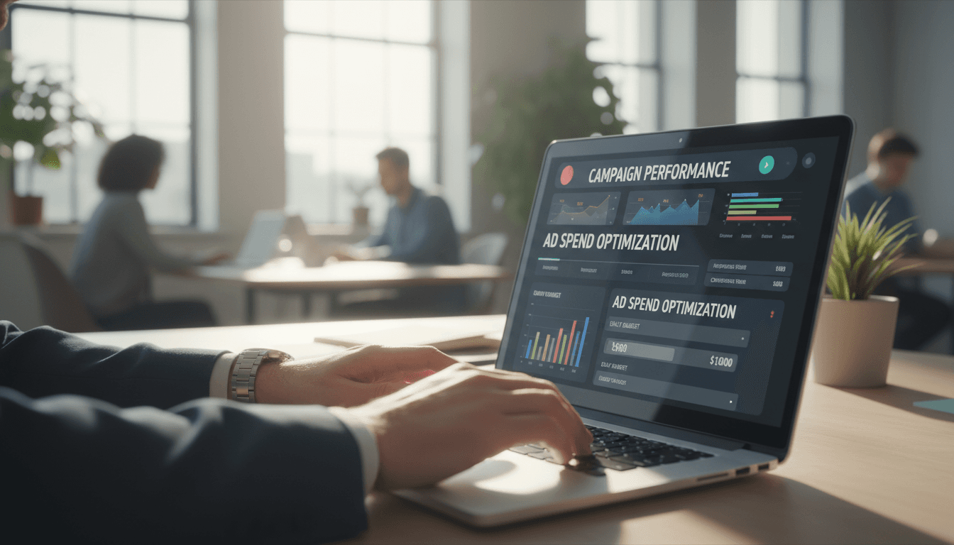 Hands adjusting a social media advertising dashboard on a laptop screen