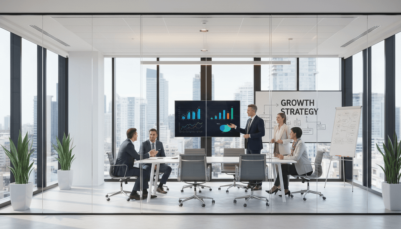 Modern meeting room with a strategy whiteboard and laptop