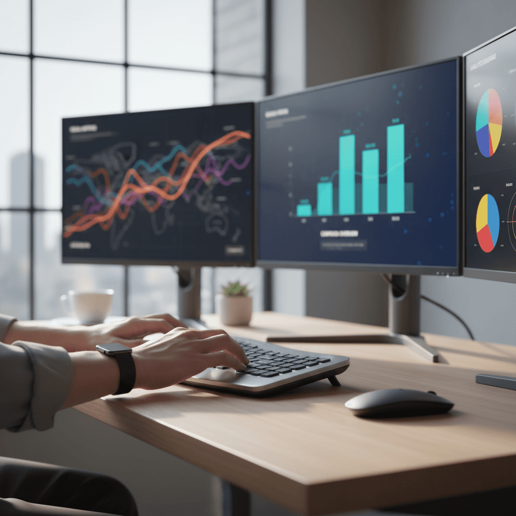 Marketing analyst reviewing campaign performance data on a laptop in a modern office