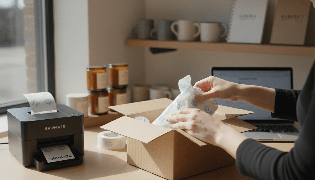 Small business owner packing an online order