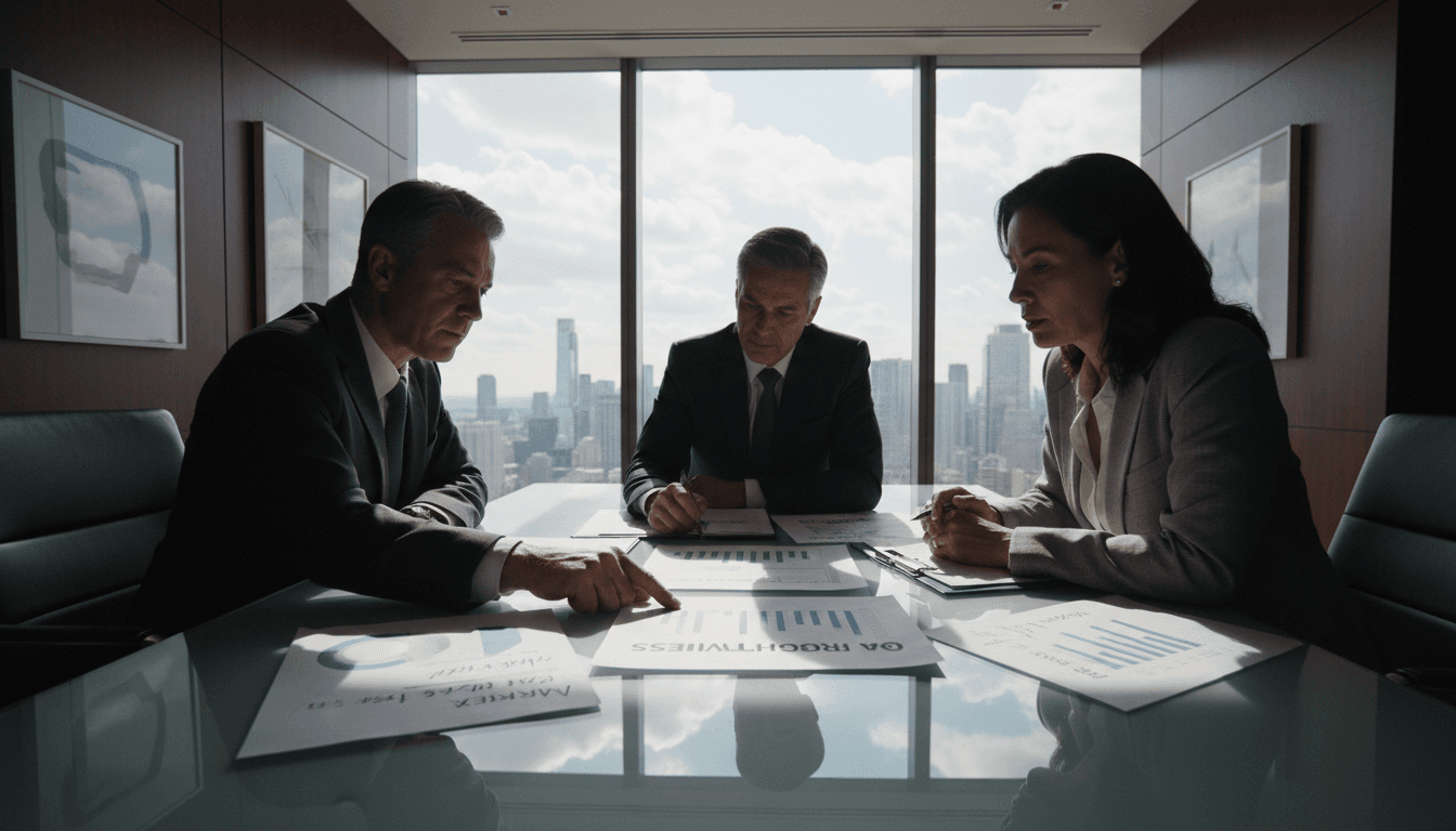 Strategy meeting with a team mapping goals on a glass wall